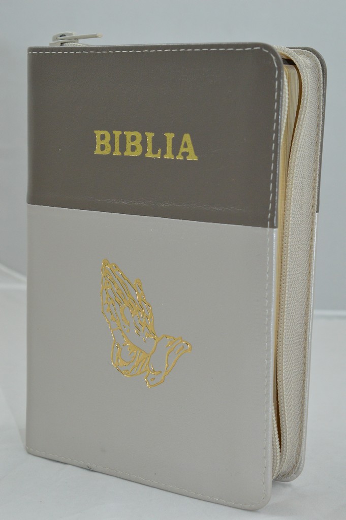 Biblia din piele, medie , maro cu crem, margini aurii, fermoar,  simbolul maini in ruga, cuv. lui Isus cu rosu [052]