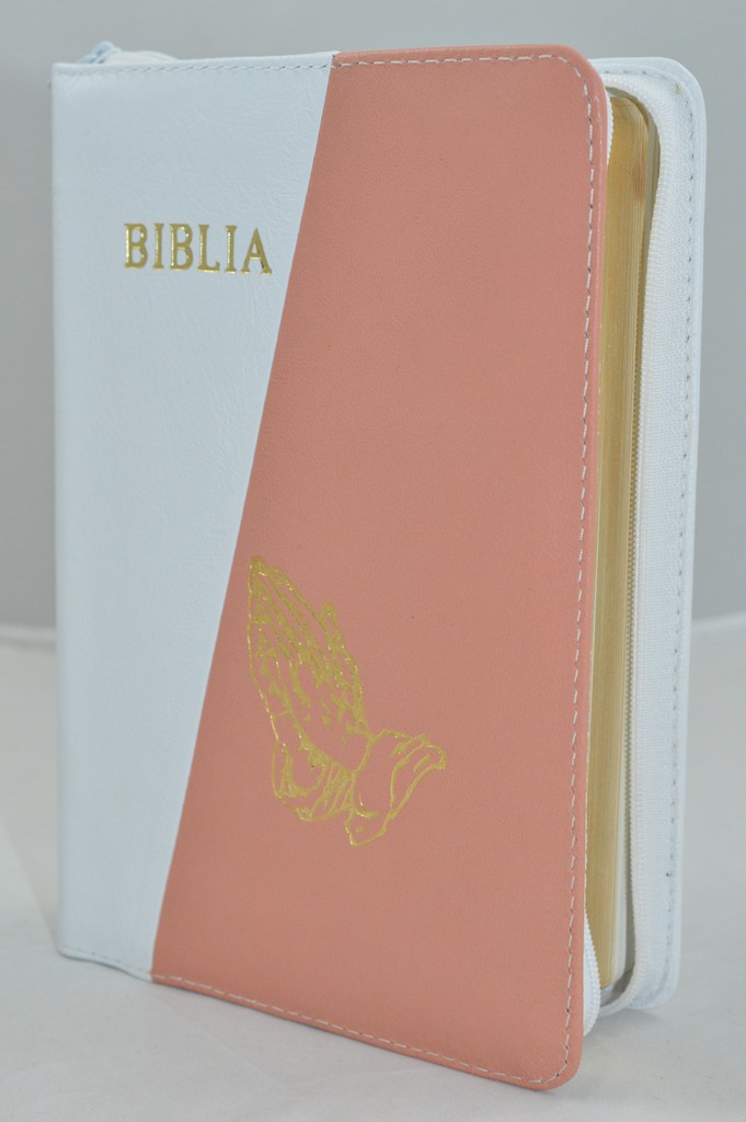 Biblia din piele, marime medie, alb cu nuanta portocaliu , margini aurii, fermoar, simbol maini in ruga, cuv. lui Isus cu rosu [052]