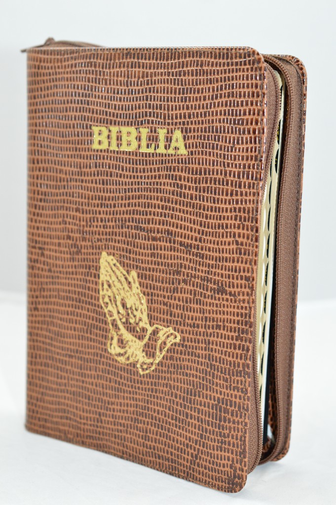 Biblie din piele, marime medie, maro texturat , simbol maini in rugaciune, fermoar, index, margini aurii,  [SB 057 PFI]