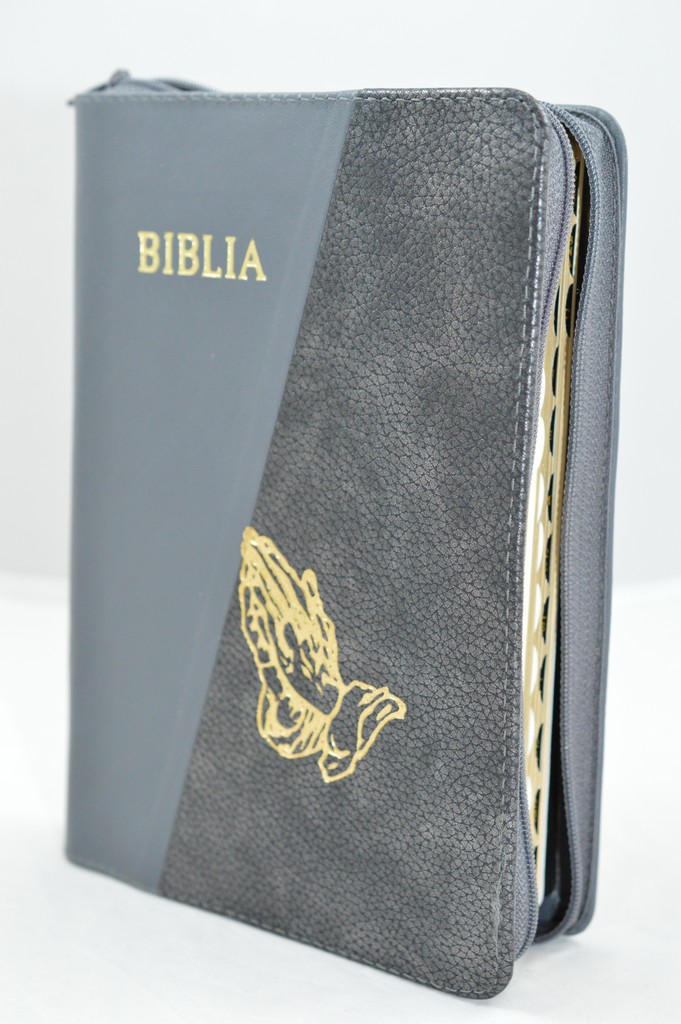 Biblie din piele, marime medie, culoare gri / nuanta gri inchis, simbol maini in rugaciune, fermoar, index, margini aurii, [SB 057 PFI]
