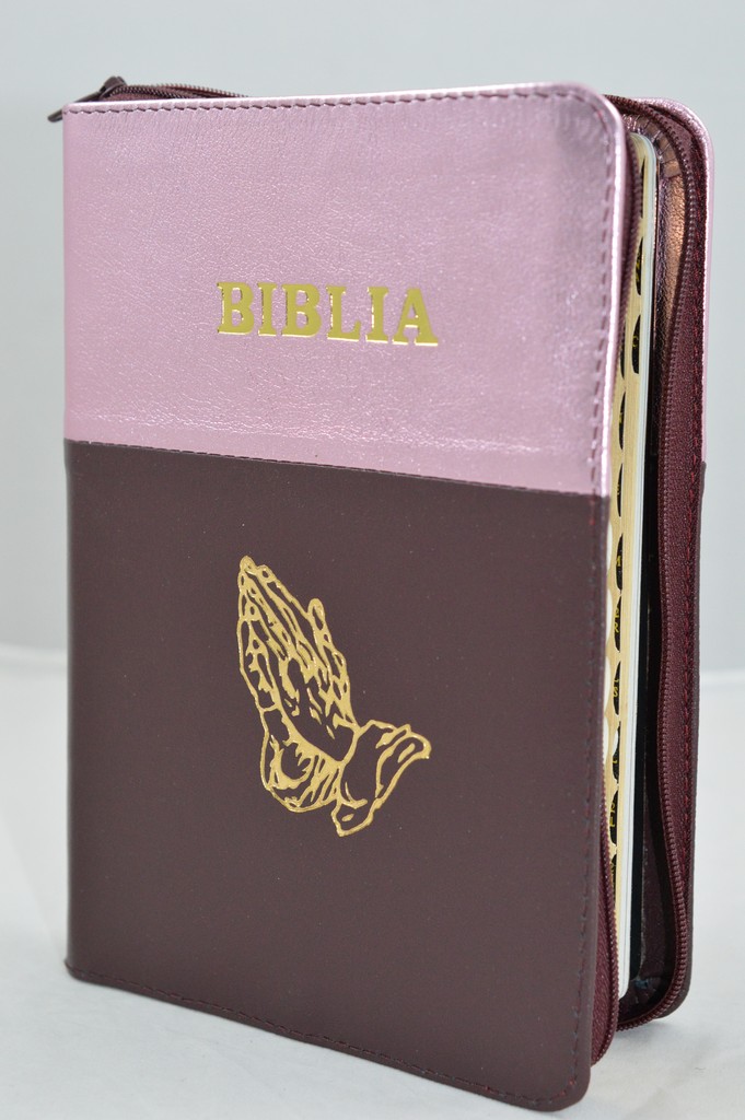 Biblie din piele, marime medie, culoare nuanta roz cu visiniu , simbol maini in rugaciune, fermoar, index, margini aurii, [SB 057 PFI]