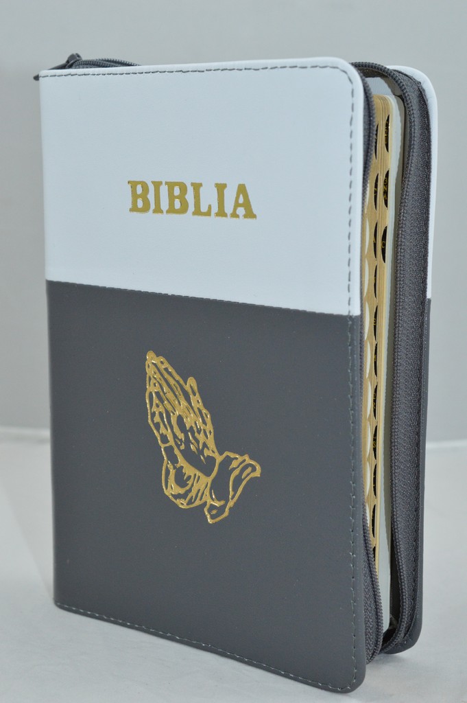Biblie din piele, marime medie, culoare alb cu gri , simbol maini in rugaciune, fermoar, index, margini aurii, [SB 057 PFI]