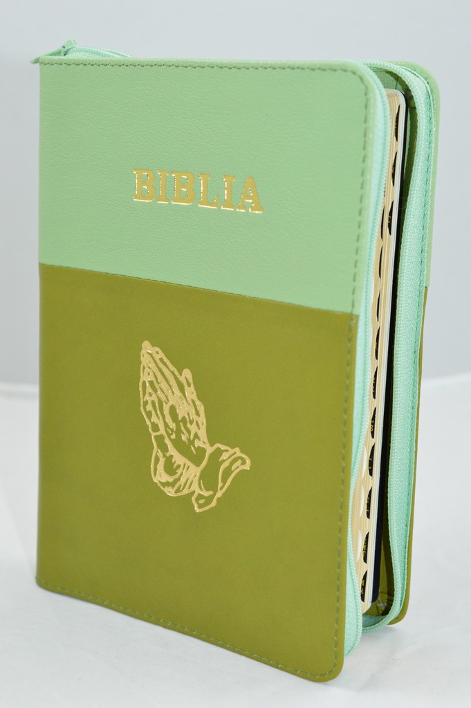 Biblie din piele, marime medie, culoare nuanta turcoaz cu verde , simbol maini in rugaciune, fermoar, index, margini aurii, [SB 057 PFI]