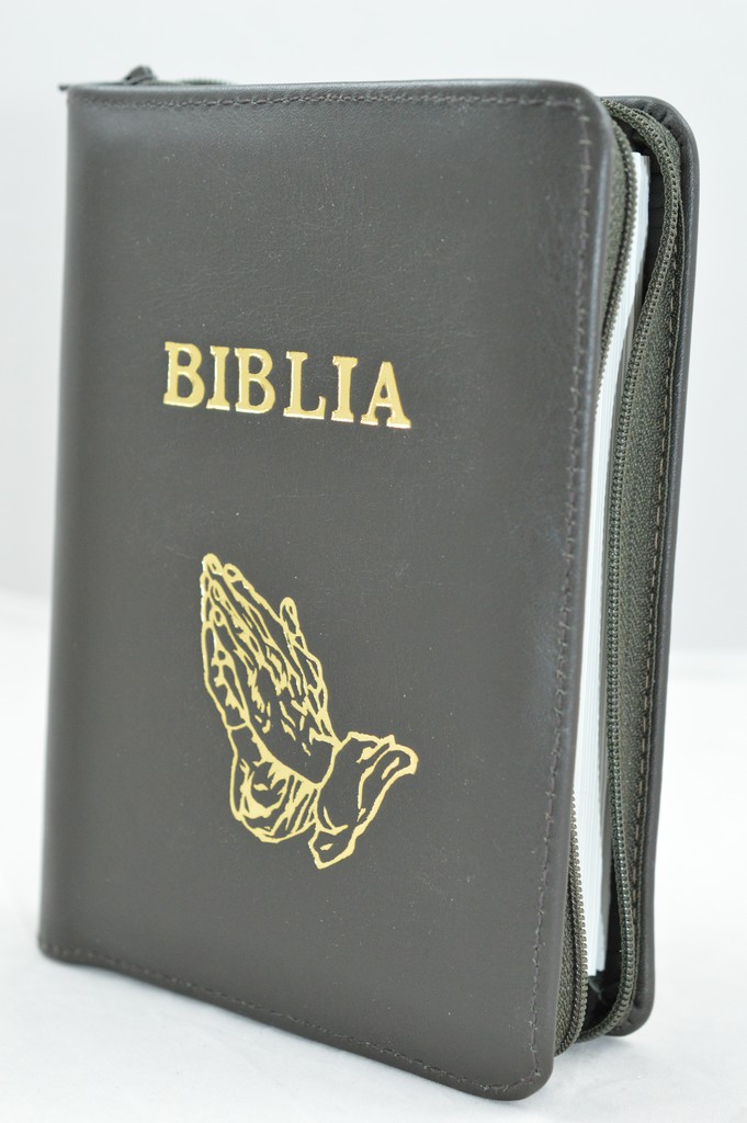 Biblie din piele, mica, verde inchis, fermoar, margini albe, simbolul maini in ruga, cuv. lui Isus in rosu [043 PF]