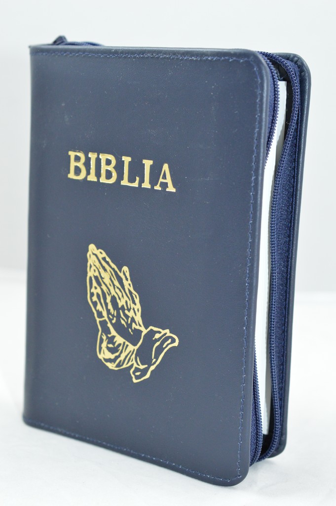 Biblie din piele, mica, bleumarin inchis, fermoar, margini albe, simbolul maini in ruga, cuv. lui Isus in rosu [043 PF]