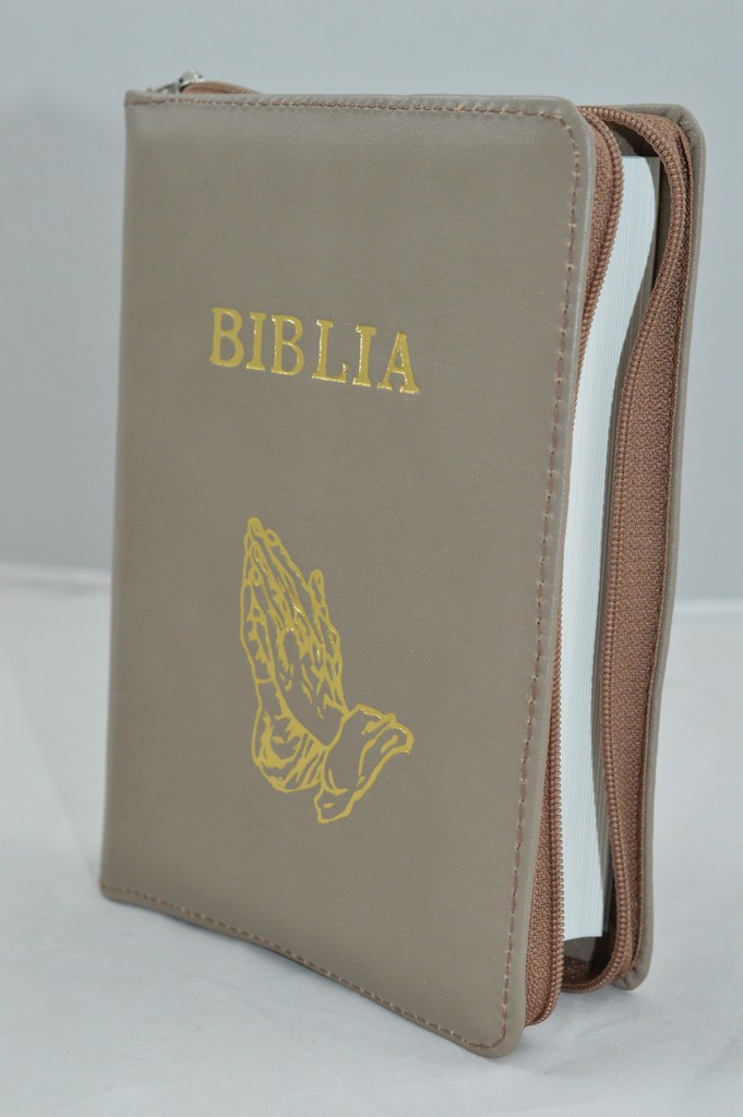 Biblie din piele, mica, nuanta maro , fermoar, margini albe, simbolul maini in ruga, cuv. lui Isus in rosu [043 PF]