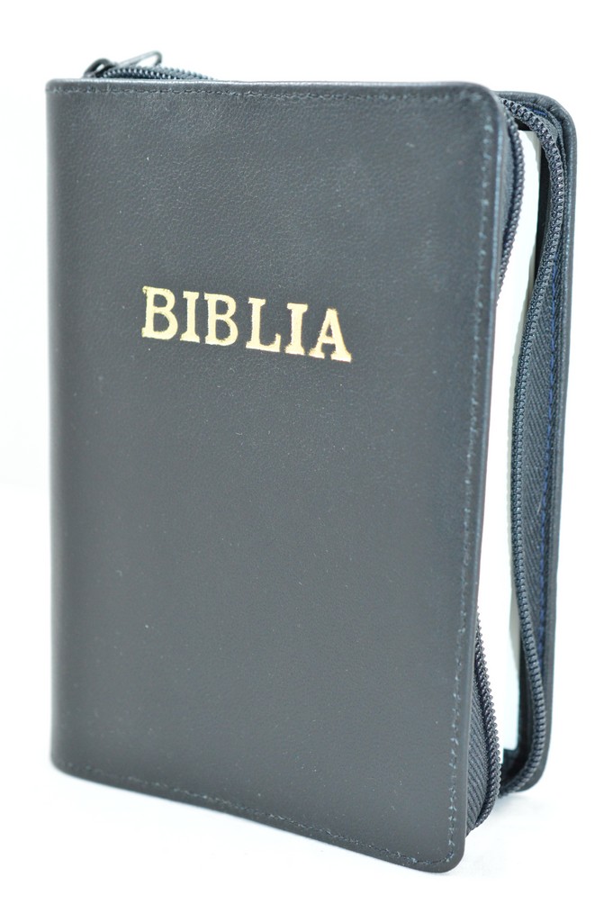 Biblie din piele, mica, negru , fermoar, margini albe, cuv. lui Isus in rosu [043 PF]