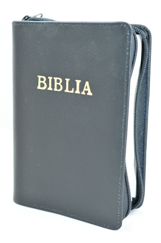 Biblie din piele, mica, gri , fermoar, margini albe, cuv. lui Isus in rosu [043 PF]