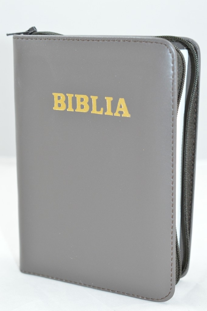 Biblie din piele, marime mica, culoare, gri deschis, fermoar, margini albe, cuv. lui Isus in rosu [043 PF]