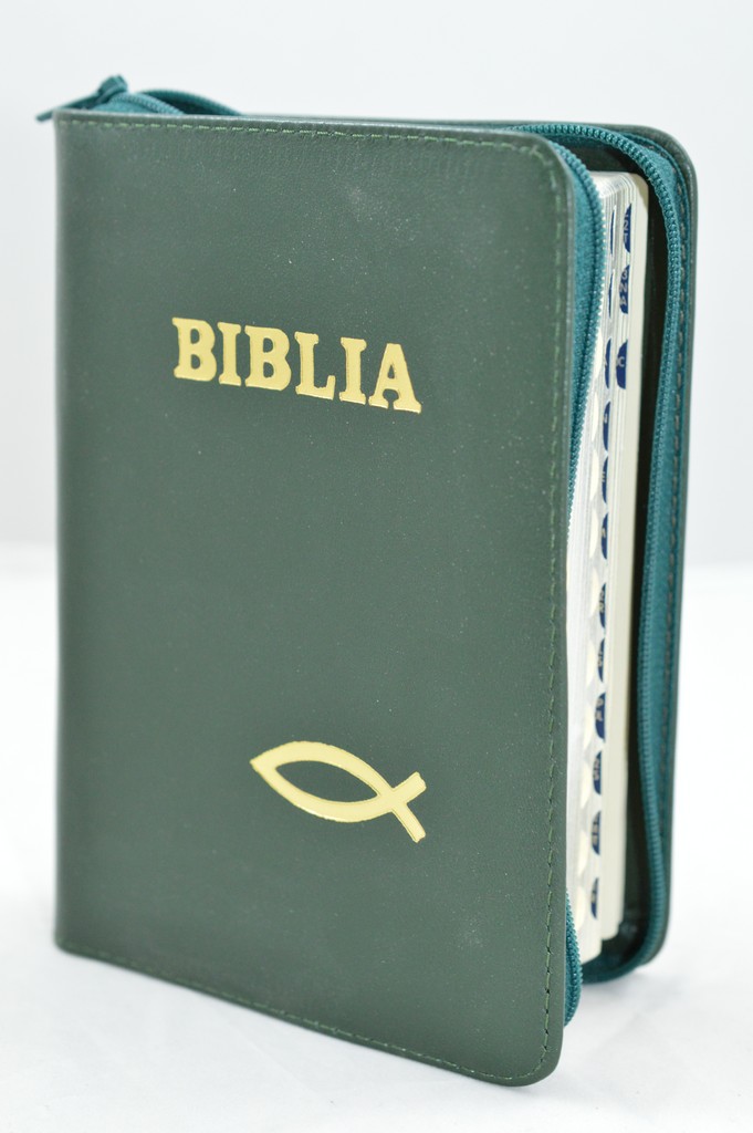 Biblia format mic, din piele, culoare nuanta verde inchis , index, fermoar, margini argintii, simbolul peste, cuv. lui Isus in rosu [047 PFI]