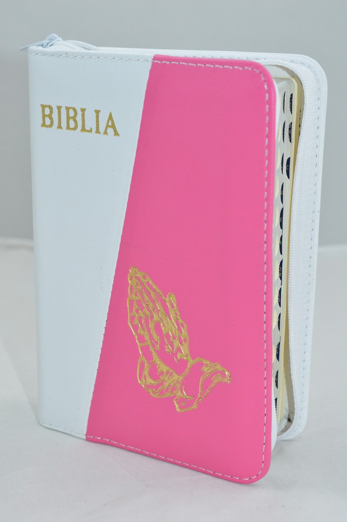 Biblia format mic, din piele, culoare alb / roz , index, fermoar, margini argintii, simbolul maini in ruga, cuv. lui Isus in rosu [047 PFI]