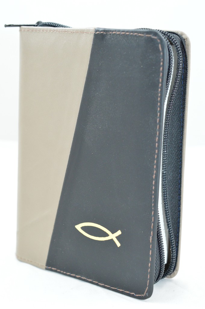 Biblie din piele, mica, nuanta crem inchis / gri inchis , fermoar, margini albe, simbolul peste, cuv. lui Isus in rosu [043 PF]