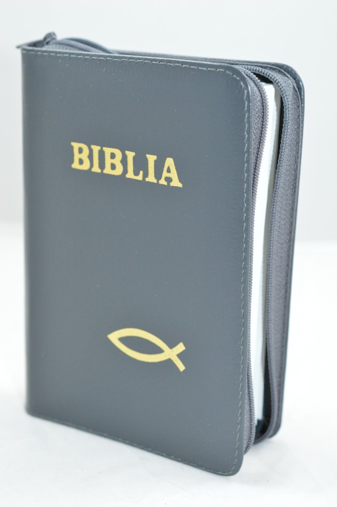 Biblie din piele, mica, gri inchis , fermoar, margini albe, simbolul peste, cuv. lui Isus in rosu [043 PF]