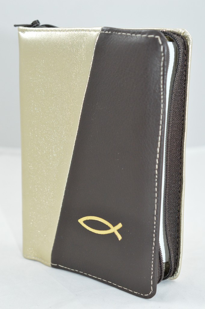 Biblie din piele, mica, crem auriu / maro inchis , fermoar, margini albe, simbolul peste, cuv. lui Isus in rosu [043 PF]