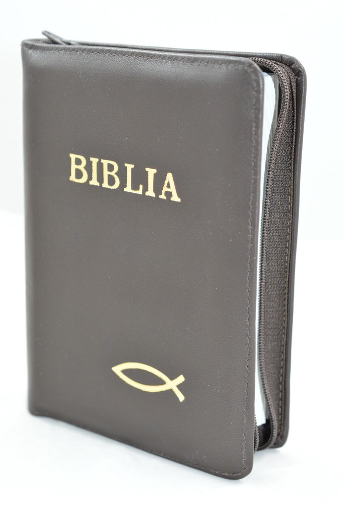 Biblie din piele, mica, maro inchis , fermoar, margini albe, simbolul peste, cuv. lui Isus in rosu [043 PF]