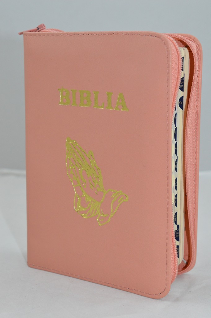 Biblia format mic, din piele, culoare nuanta roz pal, index, fermoar, margini argintii, simbolul maini in ruga, cuv. lui Isus in rosu [047 PFI]