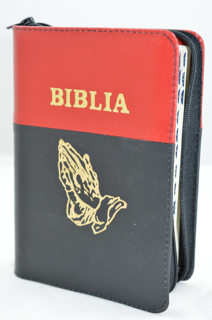 Biblia format mic, din piele, culoare rosie cu negru, index, fermoar, margini argintii, simbolul maini in ruga, cuv. lui Isus in rosu [047 PFI]