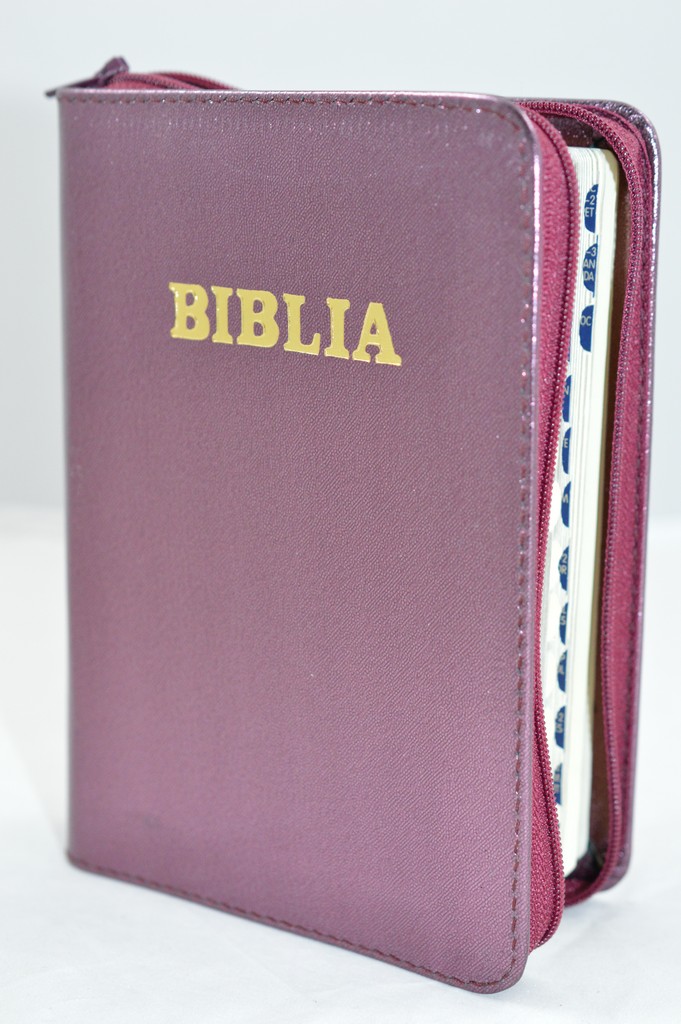 Biblia format mic, din piele, culoare roz visiniu sidefat, index, fermoar, margini argintii, cuv. lui Isus in rosu [047 PFI]
