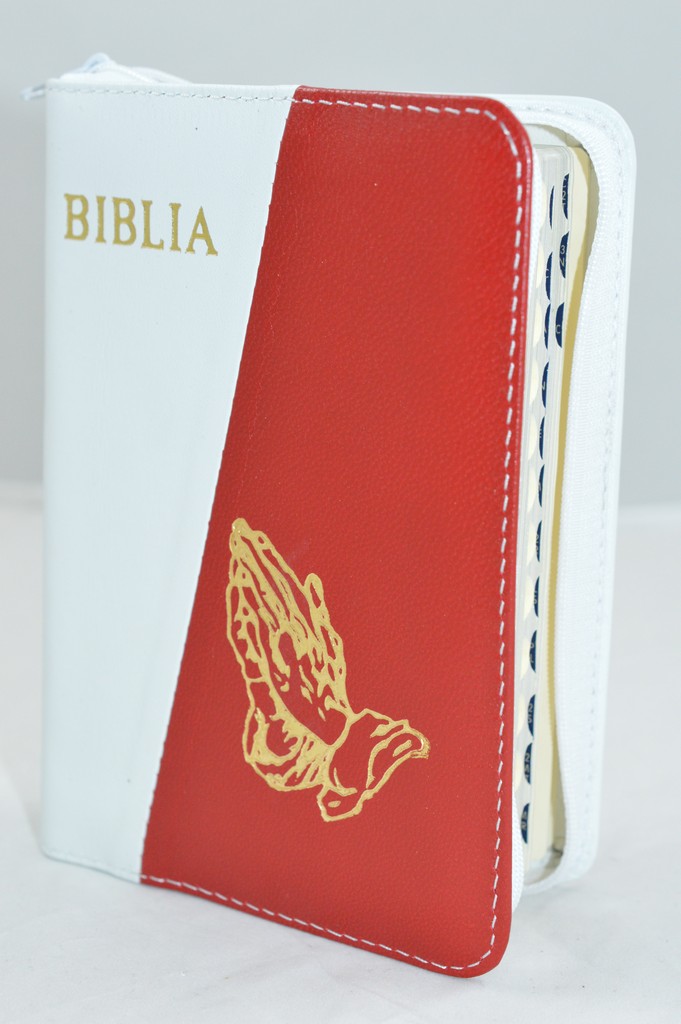 Biblia format mic, din piele, culoare alb / rosie , index, fermoar, margini argintii, simbolul maini in ruga, cuv. lui Isus in rosu [047 PFI]