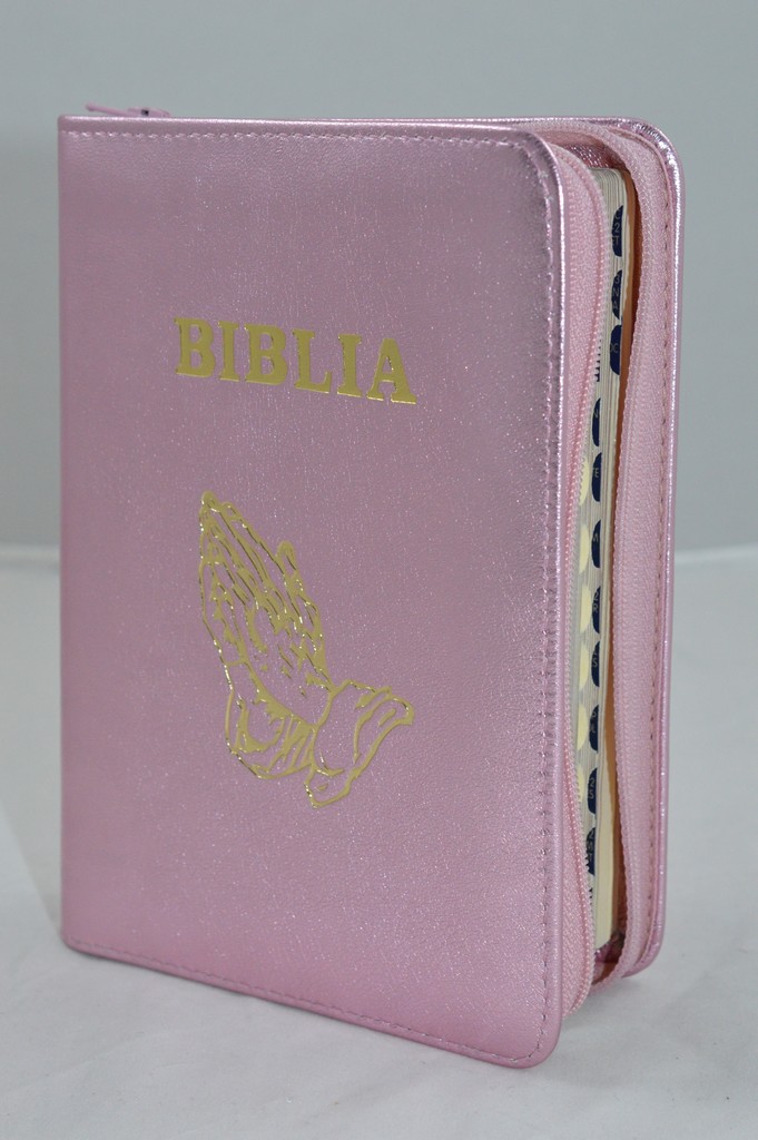 Biblia format mic, din piele, culoare nuanta roz sidefat, index, fermoar, margini argintii, simbolul maini in ruga, cuv. lui Isus in rosu [047 PFI]