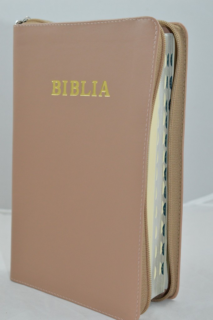 Biblie mare, piele, culoare nuanta maro, fermoar, index, margini argintii, simbol simpla, cuv. Isus cu rosu [SI 073 PFI]