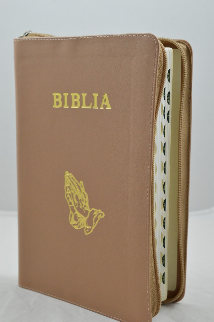 Biblie mare, piele, nuanta maro  , fermoar, index, margini argintii, simbol maini in ruga, cuv. Isus cu rosu [SI 073 PFI]