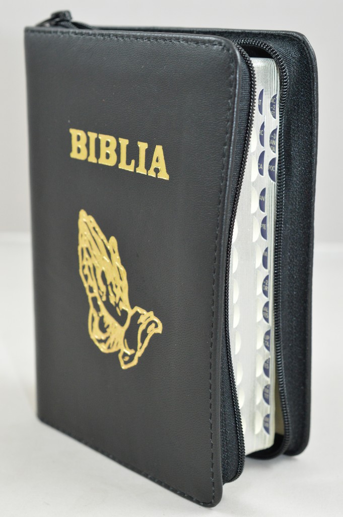Biblia format mic, din piele, culoare neagra, index, fermoar, margini argintii, simbolul maini in ruga, cuv. lui Isus in rosu [047 PFI]