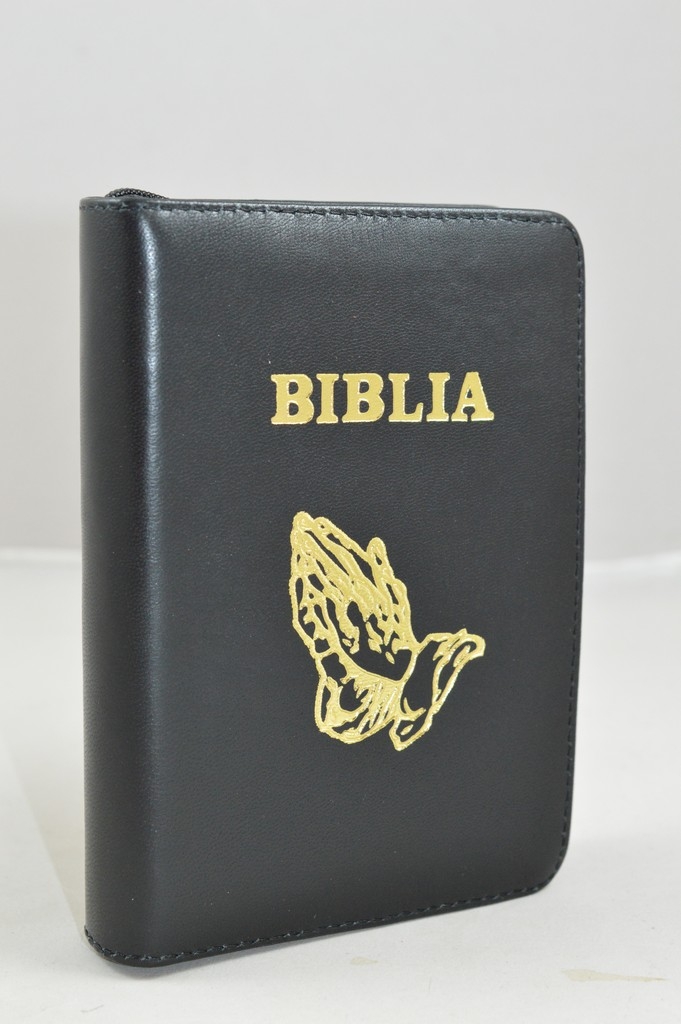 Biblie din piele, mica, culoare neagra, fermoar, margini albe, simbolul maini in ruga, cuv. lui Isus in rosu [043 PF]