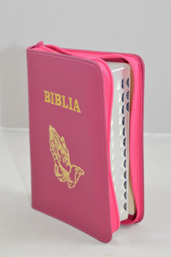 Biblia format mic, din piele, culoare roz bombon, index, fermoar, margini argintii, simbolul maini in ruga, cuv. lui Isus in rosu [047 PFI]
