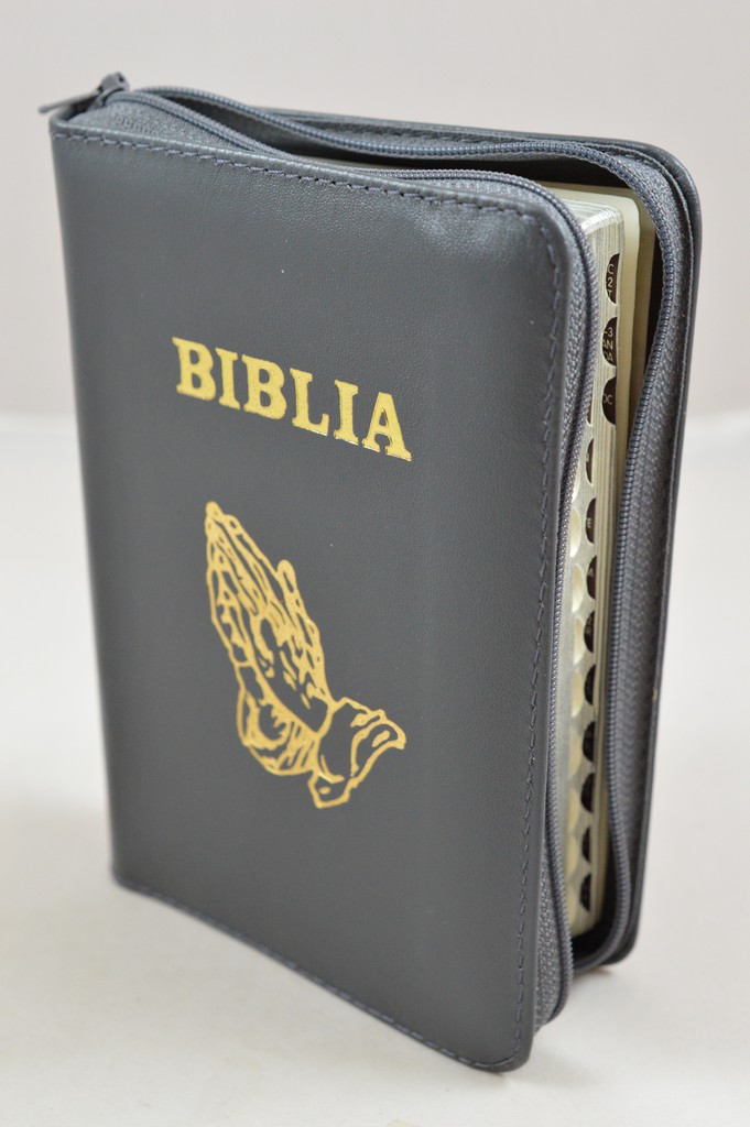 Biblia format mic, din piele, culoare gri, index, fermoar, margini argintii, simbolul maini in ruga, cuv. lui Isus in rosu [047 PFI]