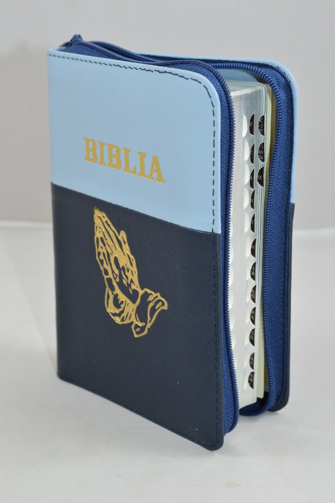 Biblia format mic, din piele, culoare albastru deschis cu bleumarin inchis, index, fermoar, margini argintii, simbolul maini in ruga, cuv. lui Isus in rosu [047 PFI]