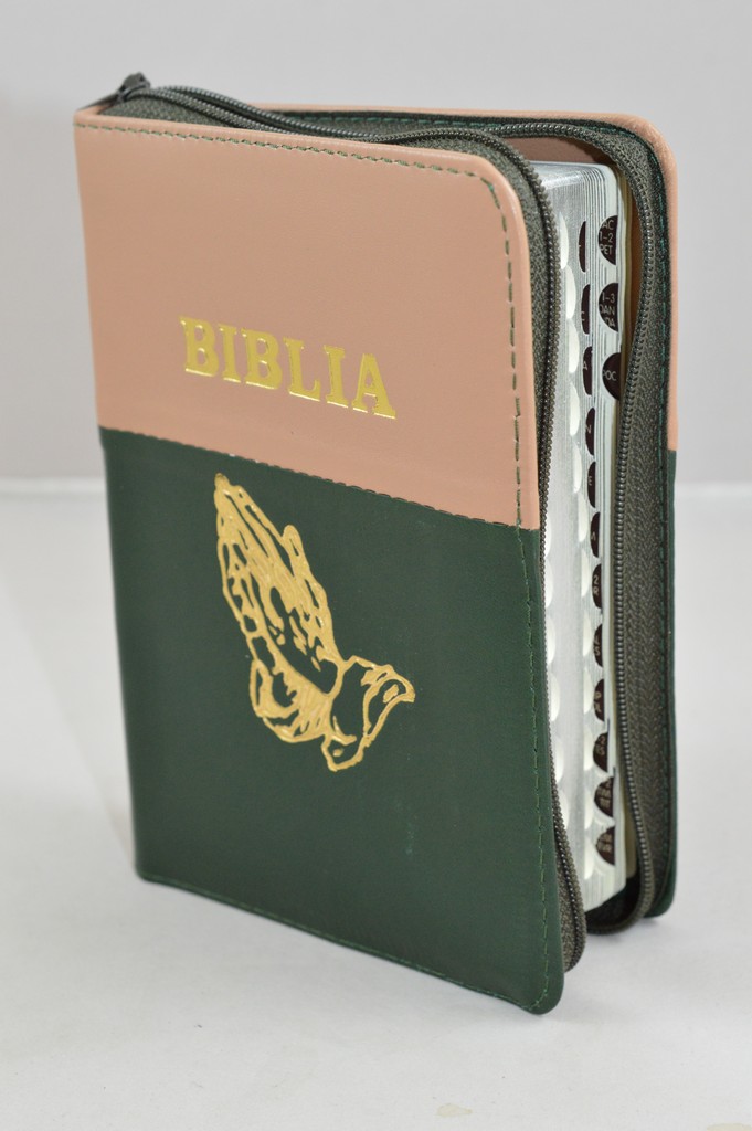 Biblia format mic, din piele, culoare maro cu verde inchis, index, fermoar, margini argintii, simbolul maini in ruga, cuv. lui Isus in rosu [047 PFI]