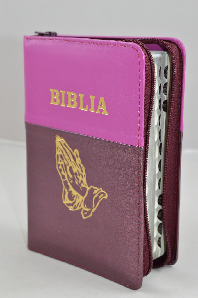 Biblia format mic, din piele, culoare roz cu visiniu sidefat, index, fermoar, margini argintii, simbolul maini in ruga, cuv. lui Isus in rosu [047 PFI]