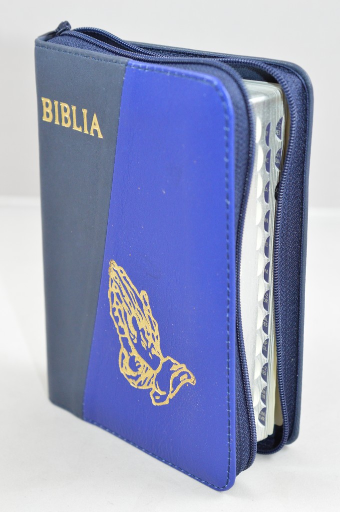 Biblia format mic, din piele, culoare bleumarin inchis/bleumarin, index, fermoar, margini argintii, simbolul maini in ruga, cuv. lui Isus in rosu [047 PFI]