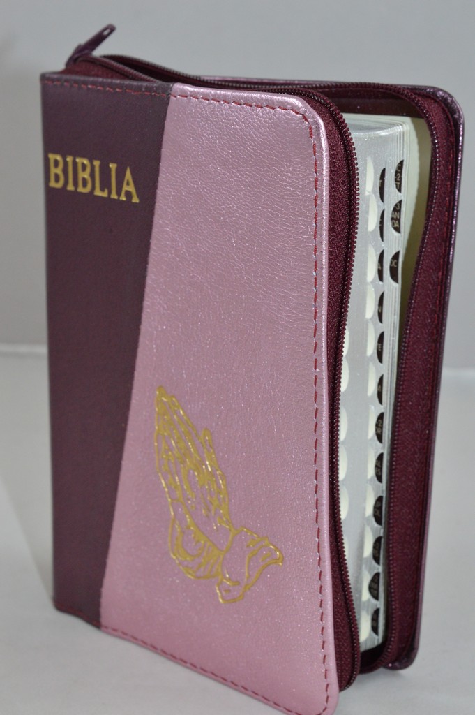 Biblia format mic, din piele, culoare visiniu sidefat/roz sidefat, index, fermoar, margini argintii, simbolul maini in ruga, cuv. lui Isus in rosu [047 PFI]