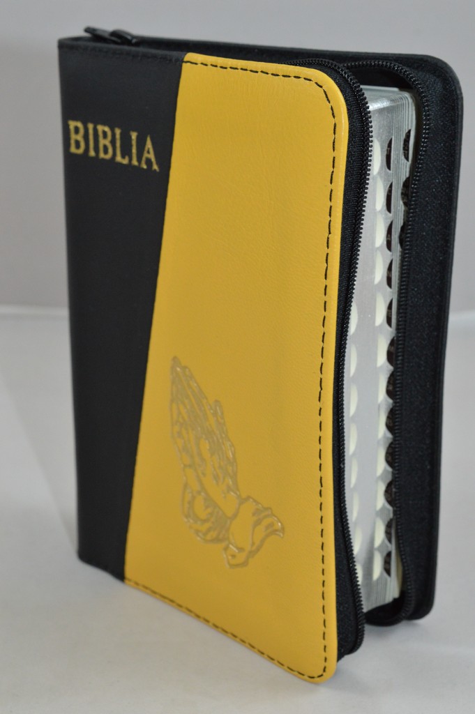 Biblia format mic, din piele, culoare negru/galben, index, fermoar, margini argintii, simbolul maini in ruga, cuv. lui Isus in rosu [047 PFI]