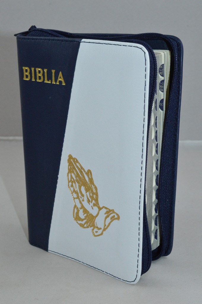 Biblia format mic, din piele, culoare bleumarin/alb, index, fermoar, margini argintii, simbolul maini in ruga, cuv. lui Isus in rosu [047 PFI]