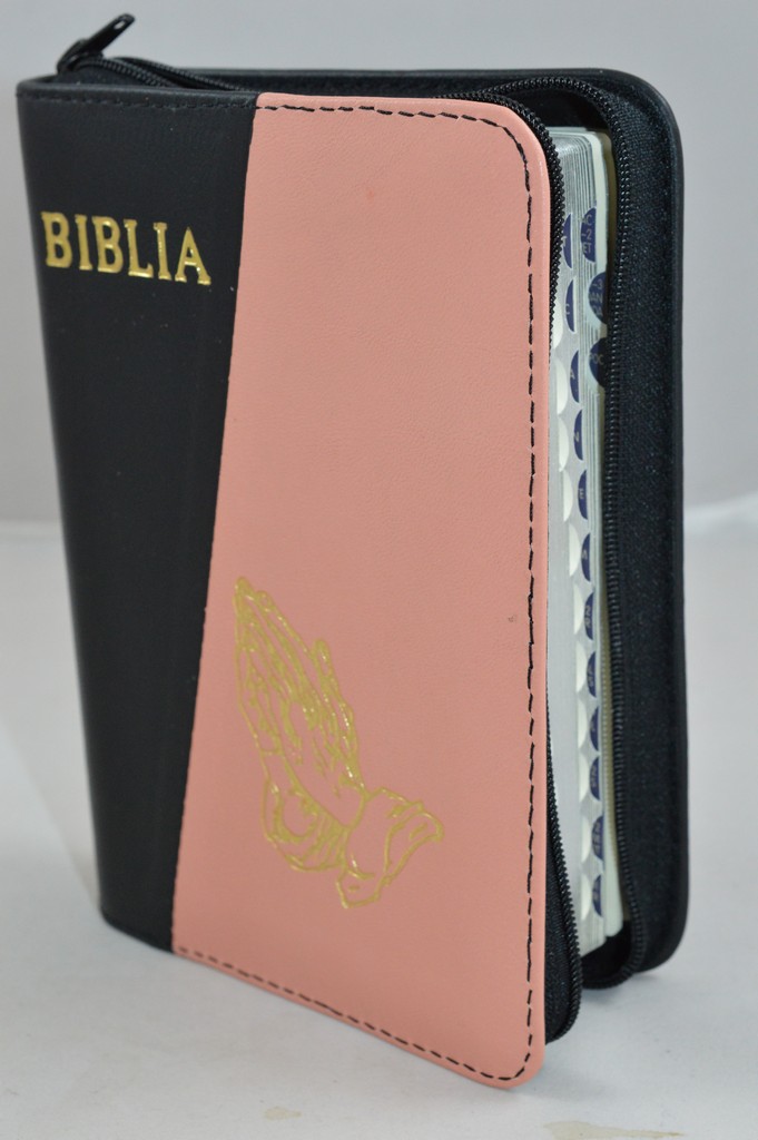 Biblia format mic, din piele, culoare negru/nuanta roz-cappuccino, index, fermoar, margini argintii, simbolul maini in ruga, cuv. lui Isus in rosu [047 PFI]