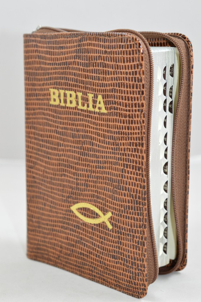 Biblia format mic, din piele, culoare maro texturat, index, fermoar, margini argintii, simbolul peste, cuv. lui Isus in rosu [047 PFI]