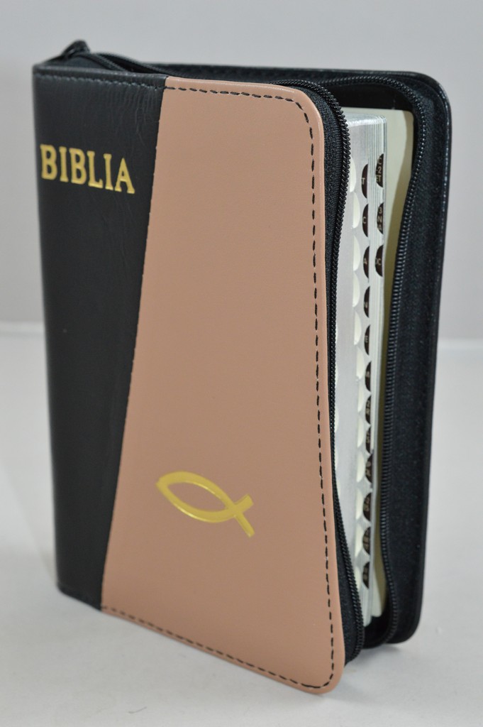 Biblia format mic, din piele, culoare negru/maro, index, fermoar, margini argintii, simbolul peste, cuv. lui Isus in rosu [047 PFI]