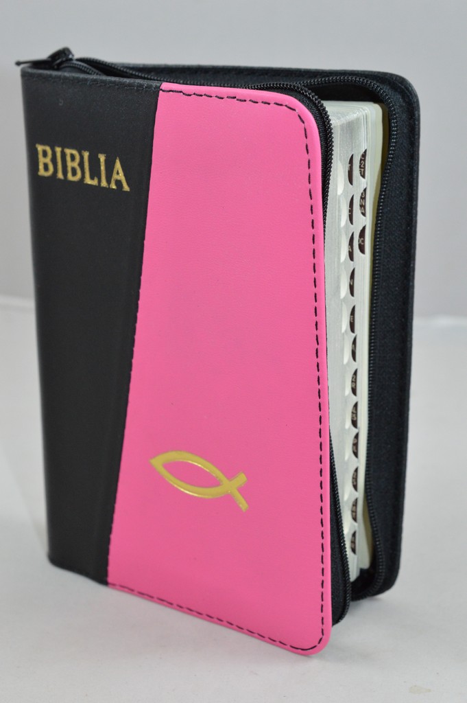 Biblia format mic, din piele, culoare negru/roz bombon, index, fermoar, margini argintii, simbolul peste, cuv. lui Isus in rosu [047 PFI]