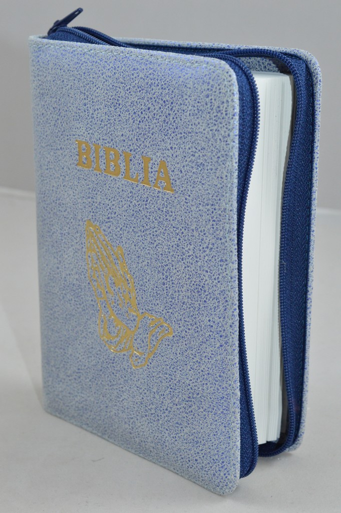 Biblie din piele, mica, nuanta bleumarin cu alb, fermoar, cu maini, cuv. lui Isus in rosu [043 A]