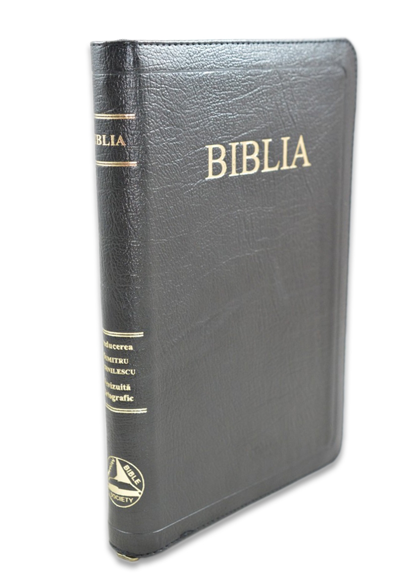 Biblie din piele, neagră, marime mare, fermoar, margini aurite, index, cuv. lui Isus cu rosu [SB 073 PFI]