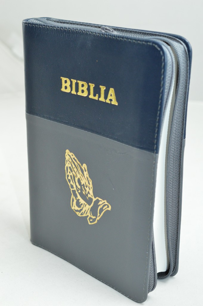 Biblia din piele, marime medie, negru cu gri, fermoar, simbol maini, cuv. lui Isus cu rosu [053]