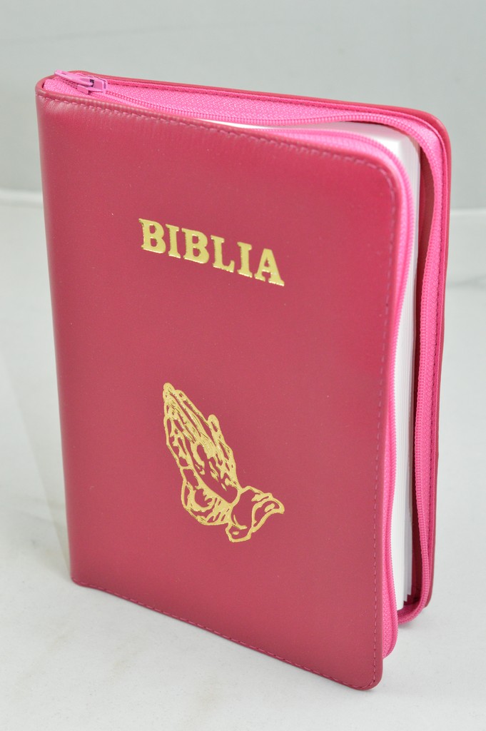 Biblia din piele, marime medie, roz inchis, fermoar, simbol maini, cuv. lui Isus cu rosu [053]