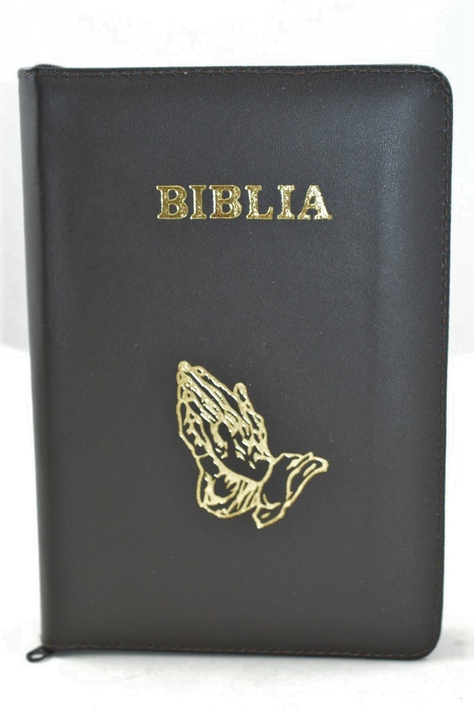 Biblia mica, coperta piele, maro închis, index, fermoar, margini aurii,  simbolul maini, cuv. lui Isus in rosu [047 PFI]