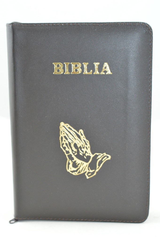 Biblie din piele, marime medie, culoare, gri închis, fermoar, margini albe, simbol maini in rugaciune cuv. lui Isus cu rosu [053]