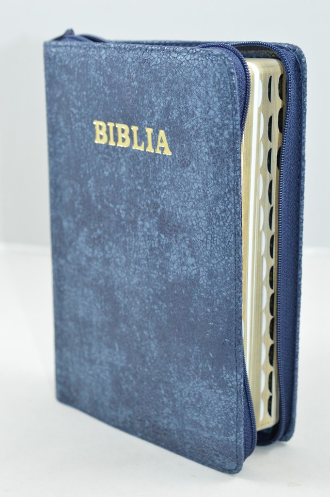 Biblie din piele, marime medie, culoare nuante de bleumarin, simpla, fermoar, index, margini aurii, [SB 057 PFI]