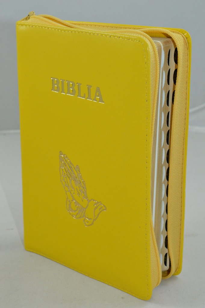 Biblie din piele, marime medie, culoare galben , simbol maini in rugaciune, fermoar, index, margini aurii, [SB 057 PFI]