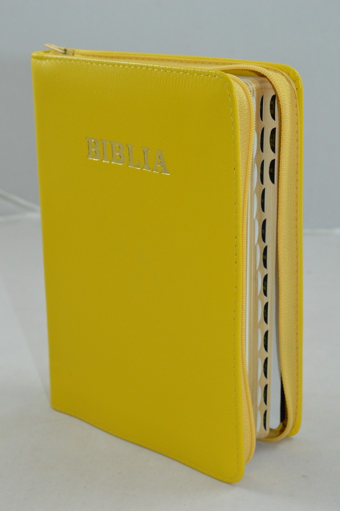 Biblie din piele, marime medie, culoare galben, simpla, fermoar, index, margini aurii, [SB 057 PFI]